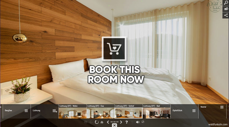 Transform the emotional persuasiveness of your 360° panoramas into a direct buying behavior of the user: Integrate booking, ticket, reservation or store systems into your 360° tours. This way, a vacationer - excited about the perfect accommodation he sees in the 360° tour - can book exactly this room or vacation home with one click on the booking icon (on the bed).